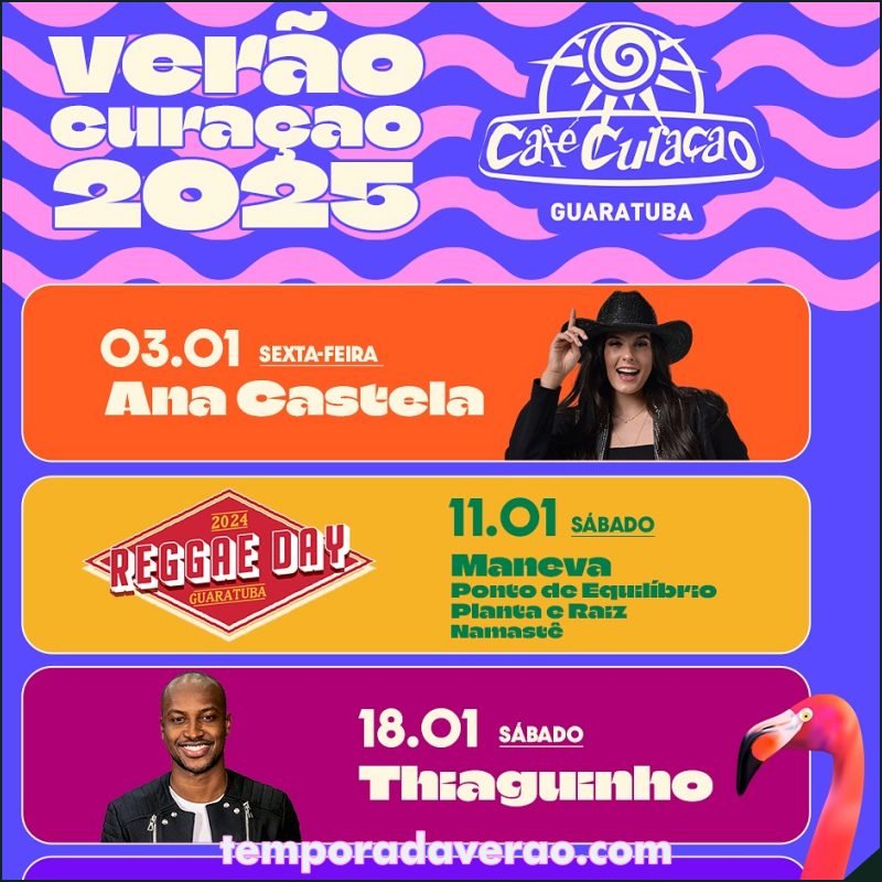 Guaratuba estação verão 2025 no litoral paranaense : programação de shows no Café Curaçao