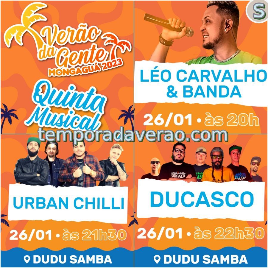 Mongaguá Programação Verão 2023 no litoral paulista : shows na Praça de Eventos Dudu Samba