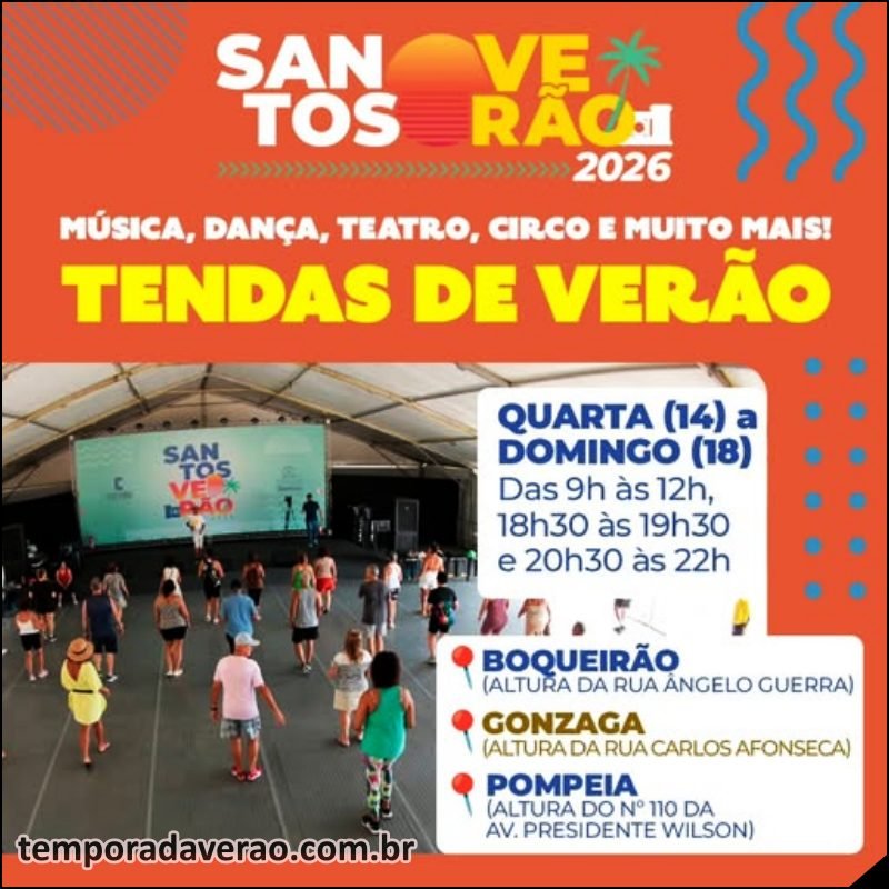 Verão 2026 em Santos no litoral paulista : aulas e apresentações musicais nas tendas da orla - sortimentos.com.br