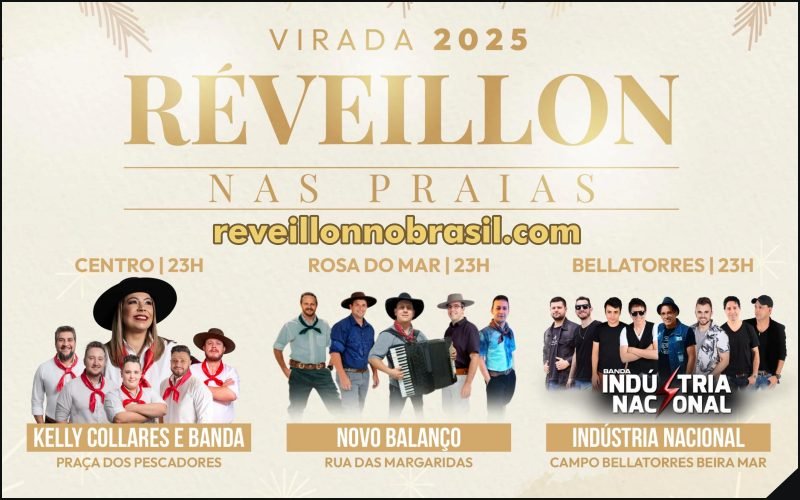 Passo de Torres Réveillon 2025 no litoral catarinense : shows na virada de ano na praia Rosa do Mar, Bellatorres e Centro