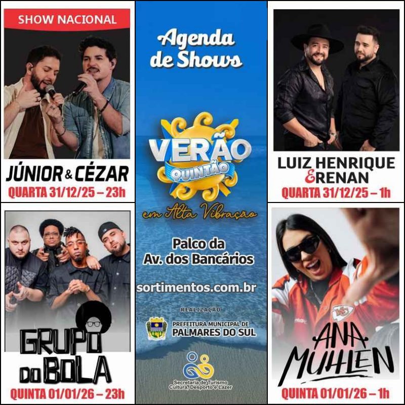 Praia do Quintão Réveillon 2026 : Shows Réveillon 2026 na Praia do Quintão em Palmares do Sul no litoral gaúcho - Sortimentos Virada de Ano