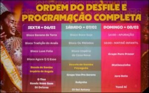 Programação do Carnaval 2026 em Cuiabá : shows nacionais e desfiles das escolas de samba