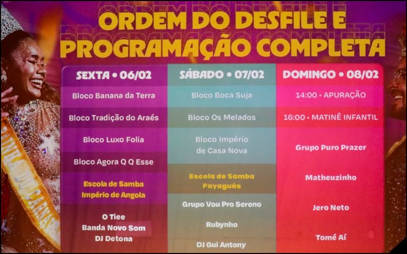 Programação do Carnaval 2026 em Cuiabá : shows nacionais e desfiles das escolas de samba