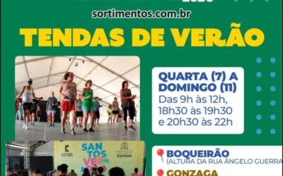 Verão 2026 em Santos no litoral paulista : programação nas Tendas de Verão nas praias da Pompeia, Gonzaga e Boqueirão