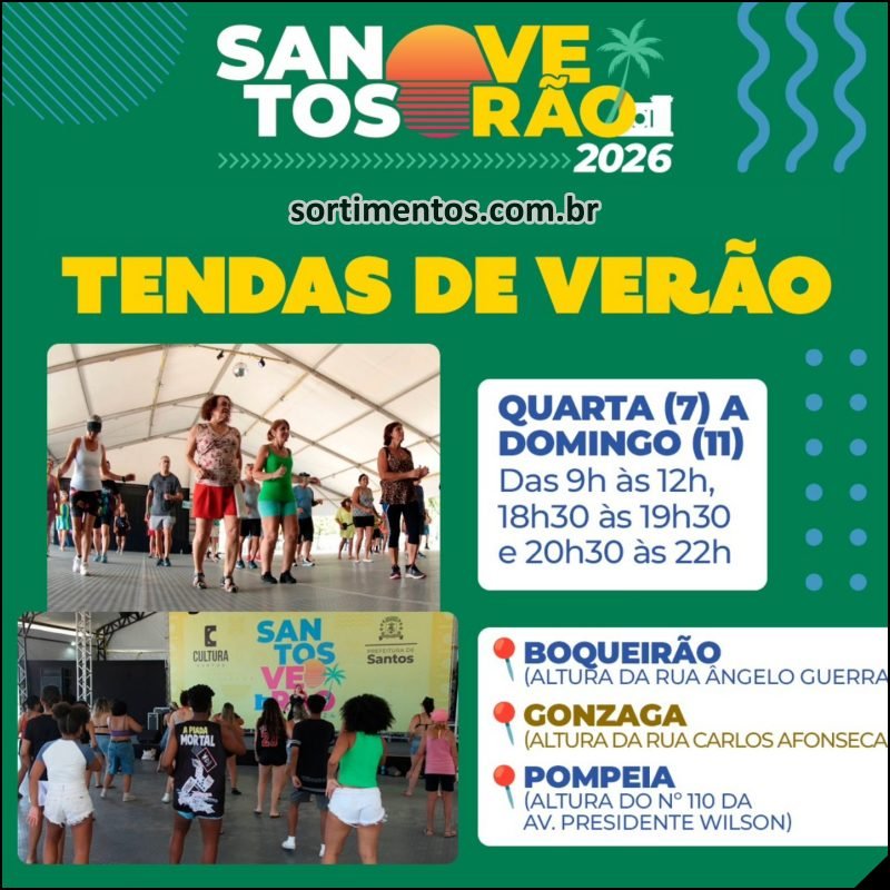Verão 2026 em Santos no litoral paulista : programação nas Tendas de Verão nas praias da Pompeia, Gonzaga e Boqueirão