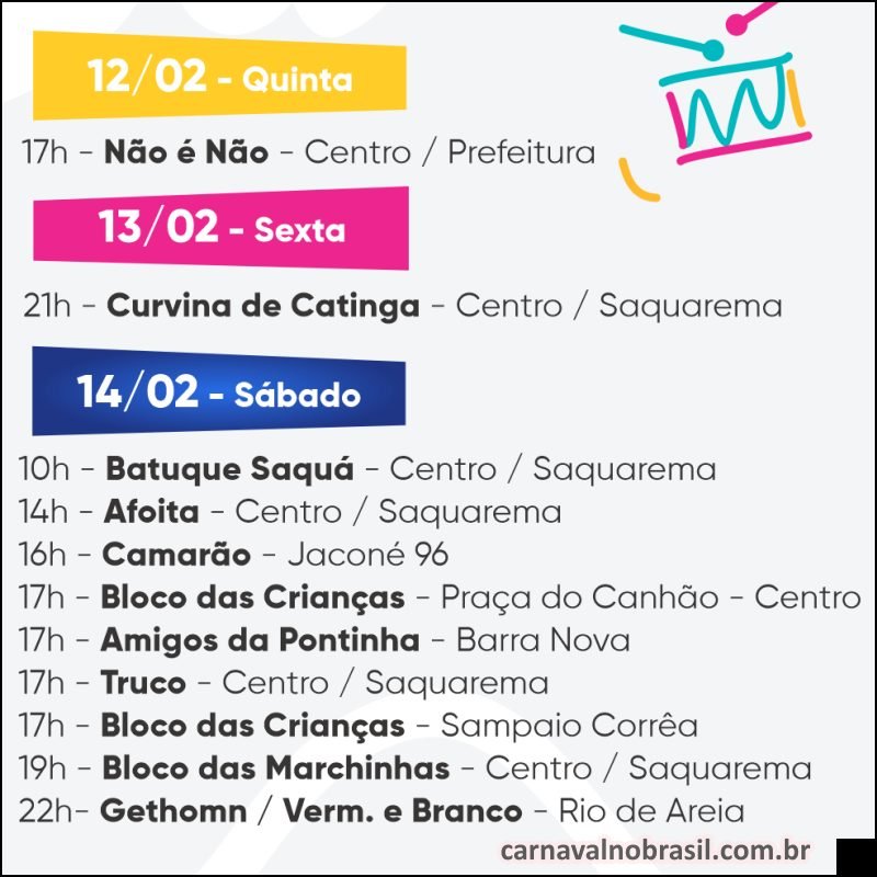 Programação dos blocos no Carnaval 2026 de Saquarema