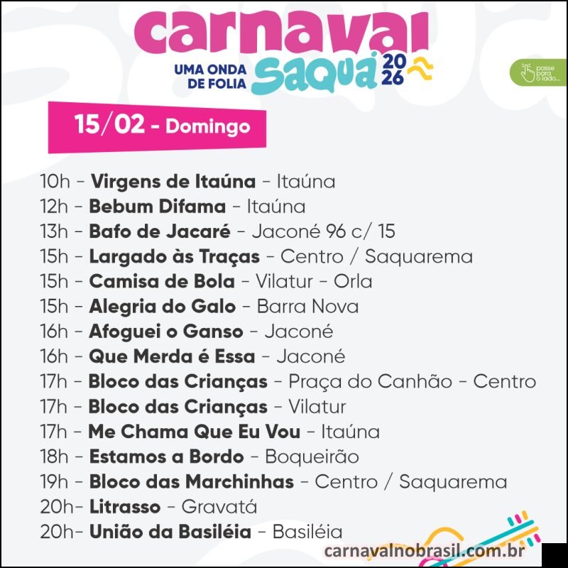 Programação dos blocos no Carnaval 2026 de Saquarema