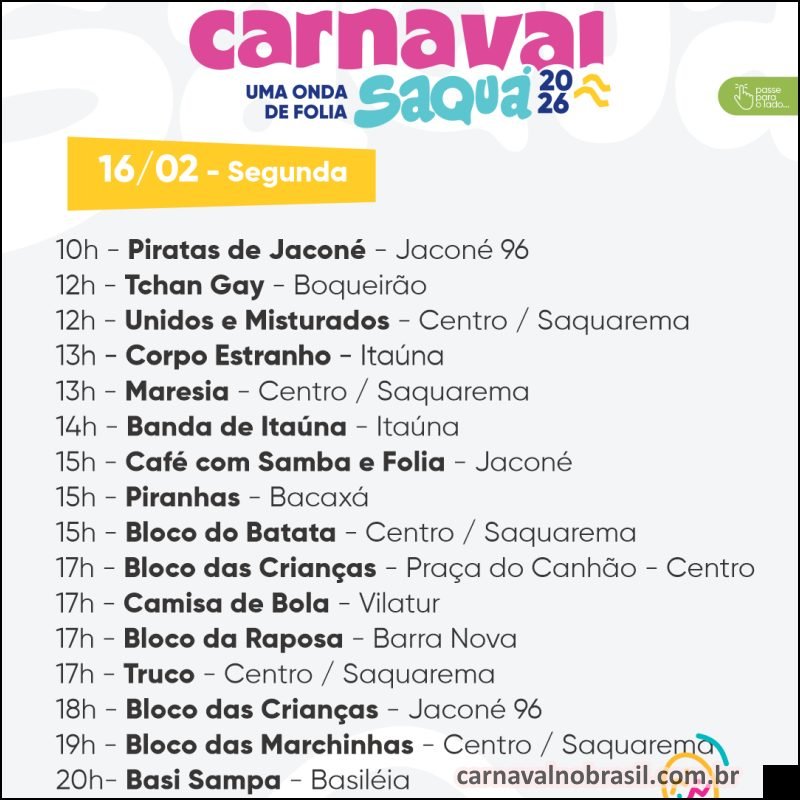 Programação dos blocos no Carnaval 2026 de Saquarema