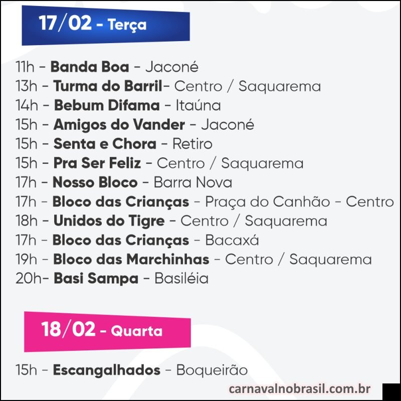 Programação dos blocos no Carnaval 2026 de Saquarema