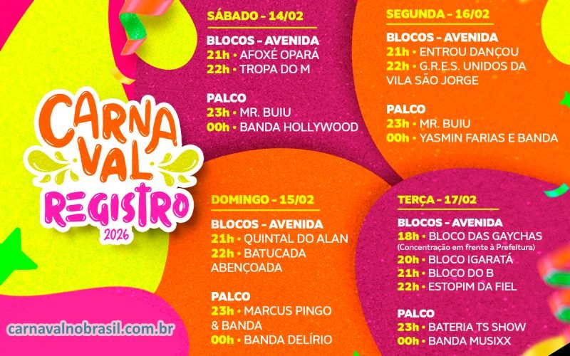 Programação Carnaval 2026 de Registro em São Paulo - Sortimentos Carnaval